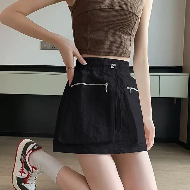 High Waist Drawstring Summer Women Short A Line Skirt Vintage Casual Cargo Big Zipper Pocket Skirt with Safety Shorts Hip Skirts voguable