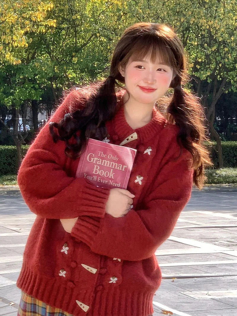 Christmas Red Sweet Cardigan Women Vintage Preppy Style Japan Knitted Sweater Casual Lazy Wind Female Fall Winter Tops New voguable