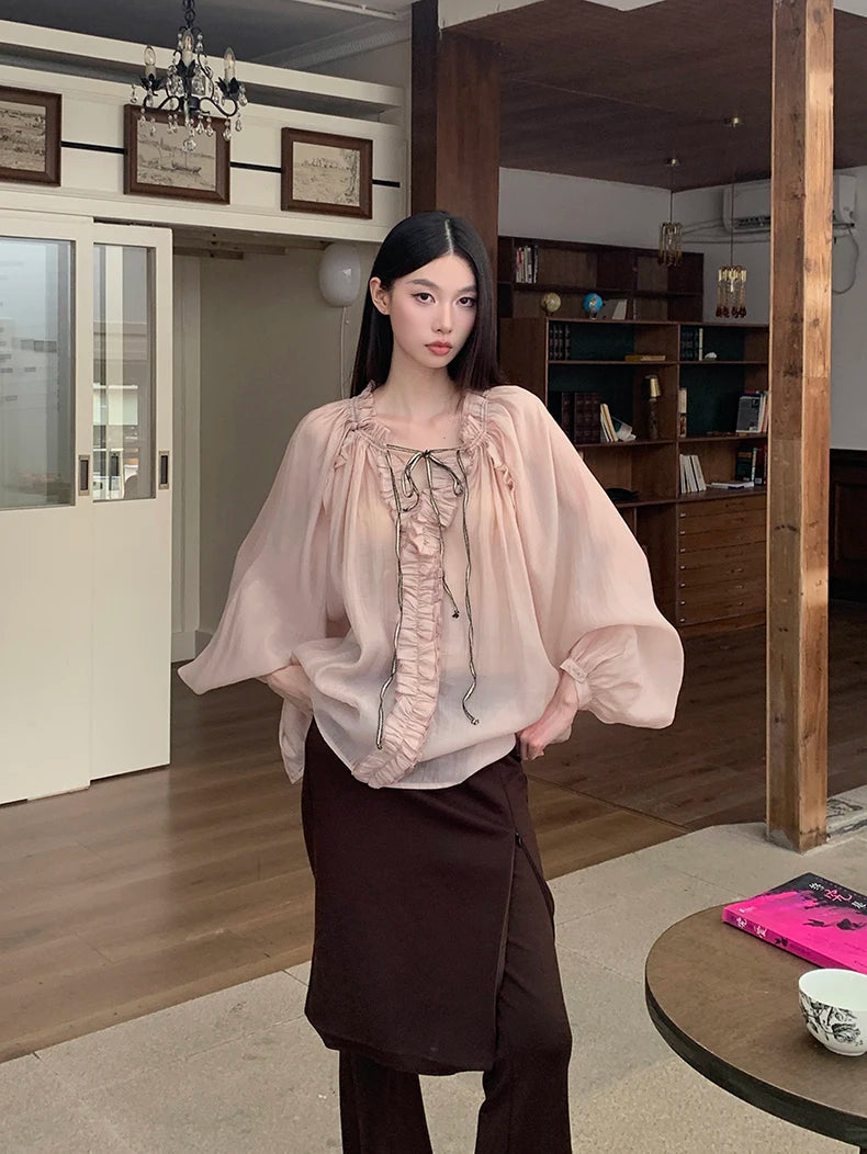 Fall 2025 Fashion Woman Ruffle Lantern Sleeve Sheer Blouse Women V Neck Bandage Oversize Top Designer Fashion Clothes voguable