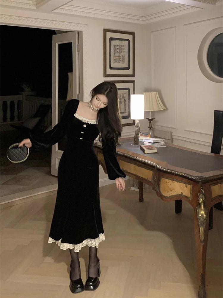 Lace Patchwork Black Dress Women Fall Winter French Elegant Square Collar Midi Dress Ladies Gold Velvet Party Fishtail Vestidos voguable