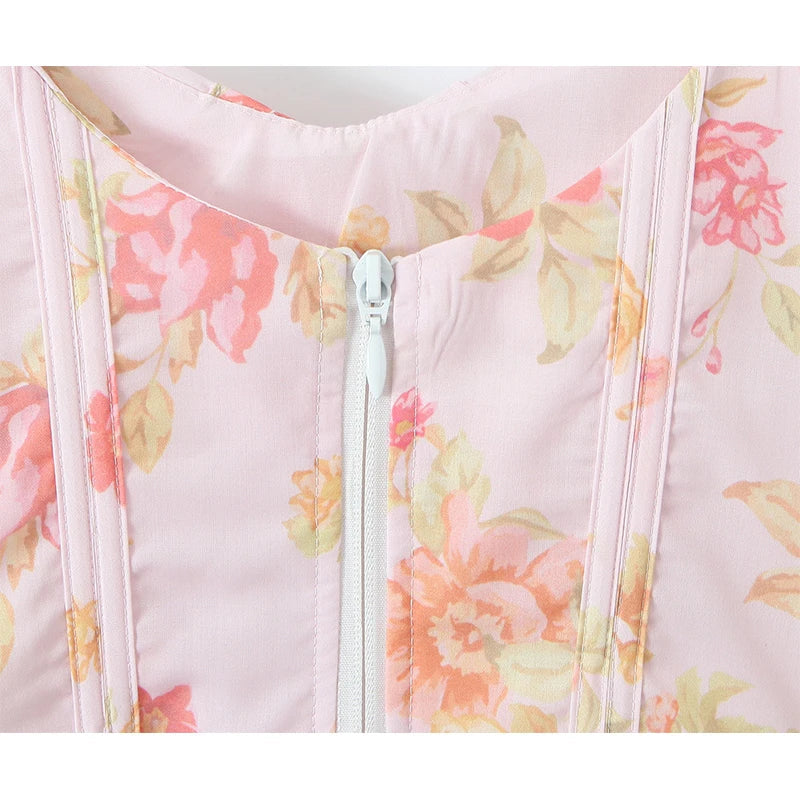 New Women Floral Print Pink Bone Slim Tank Top Pleated Ruffle Hem Summer Corset Crop Top Holiday ropa de mujer voguable