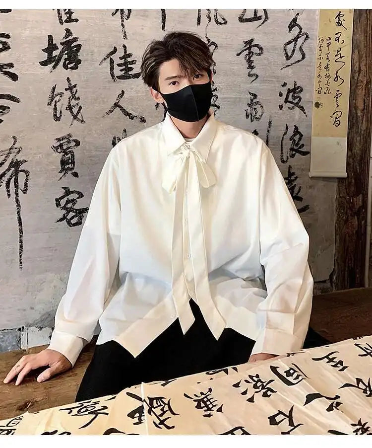 Korean Style Men's Shirts Turn-down Collar Detachable Tie Lace-up Design Single Breasted Casual Solid Color Male Tops 9W180 voguable