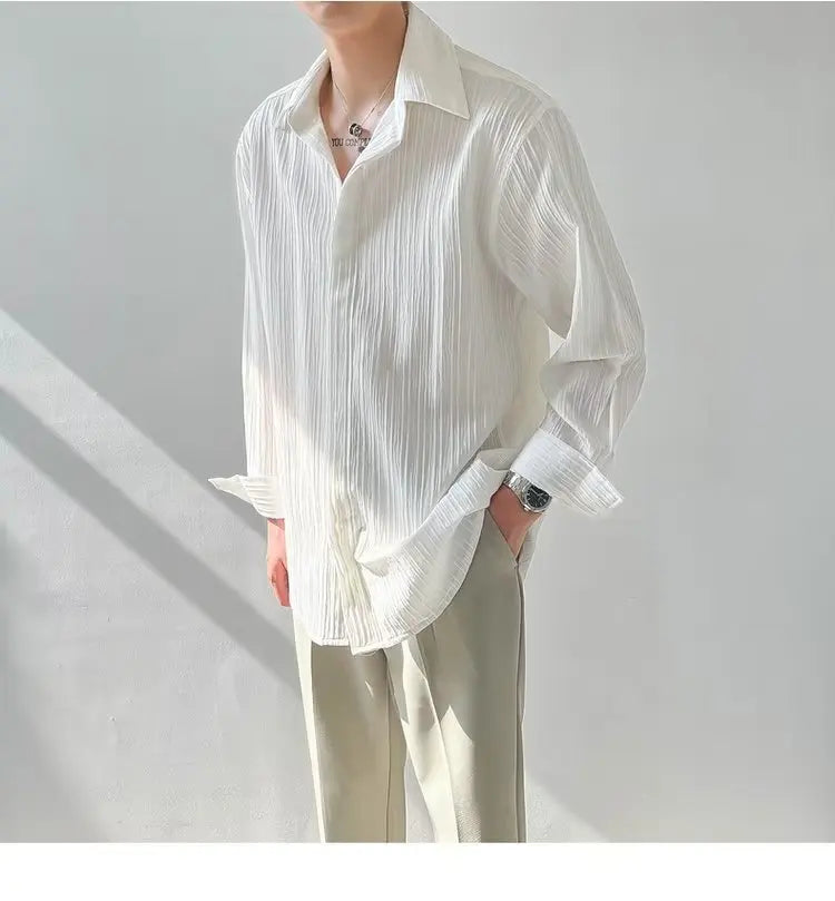 Black Apricot White Long-sleeved Shirt Men Fashion Social Mens Dress Shirt Korean Loose Casual Pleated Shirts Mens Formal Shirt voguable