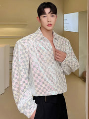 Voguable Reflect Light Plaid Design Elegant Long Sleeve Shirts Korean Fashion Men's Casual Tops 2024 Spring Trendy Clothes voguable