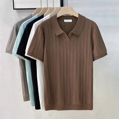 New Men's Clothing Luxury Business V Neck Polo Shirt Casual Slim-fit Knitted Solid Color Short Sleeve T-shirt High Quality Tops voguable