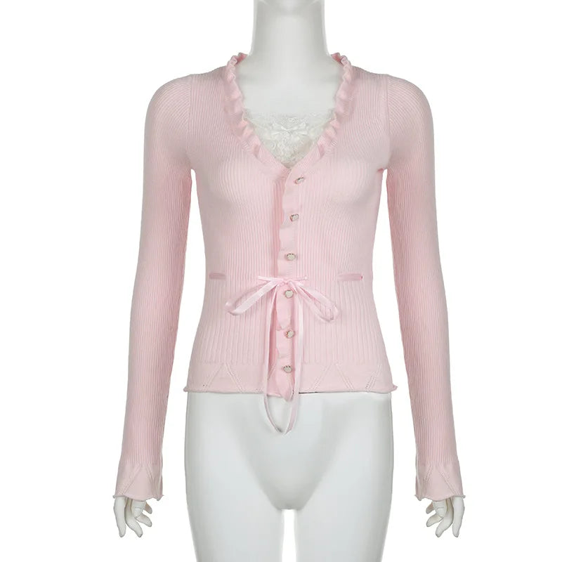 Fairycore Clothing Top y2k Women Ruffle Lace Patchwork Long Sleeve Knitted T Shirt 2000s Coquette Clothes Streetwear voguable