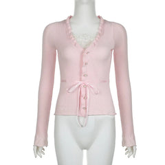 Fairycore Clothing Top y2k Women Ruffle Lace Patchwork Long Sleeve Knitted T Shirt 2000s Coquette Clothes Streetwear voguable