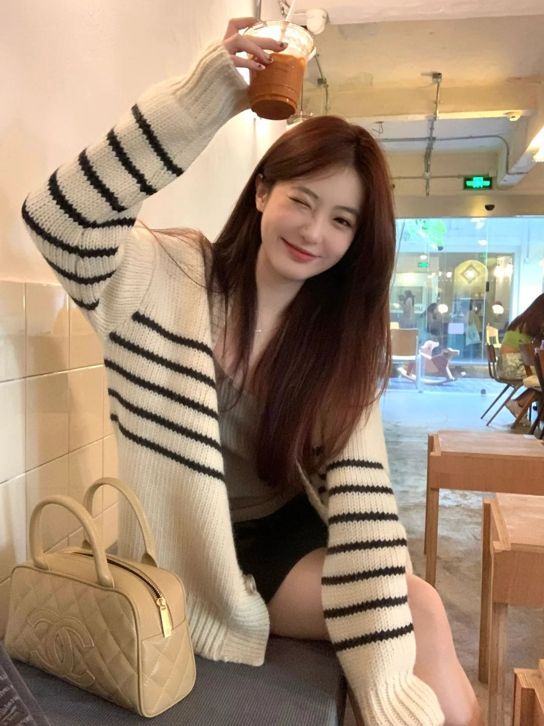 Women Cardigan Sweater Striped V-neck Button-up Sweater Jacket Comfy Cozy Slouchy Cardi Autumn Winter Casual Outfit voguable