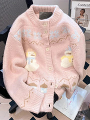 Cute Snowmen Pink Cardigan Sweater Women Vintage Sweet Print Loose Knitted Coat Japan Fall Winter Kawaii Female O Neck Tops voguable