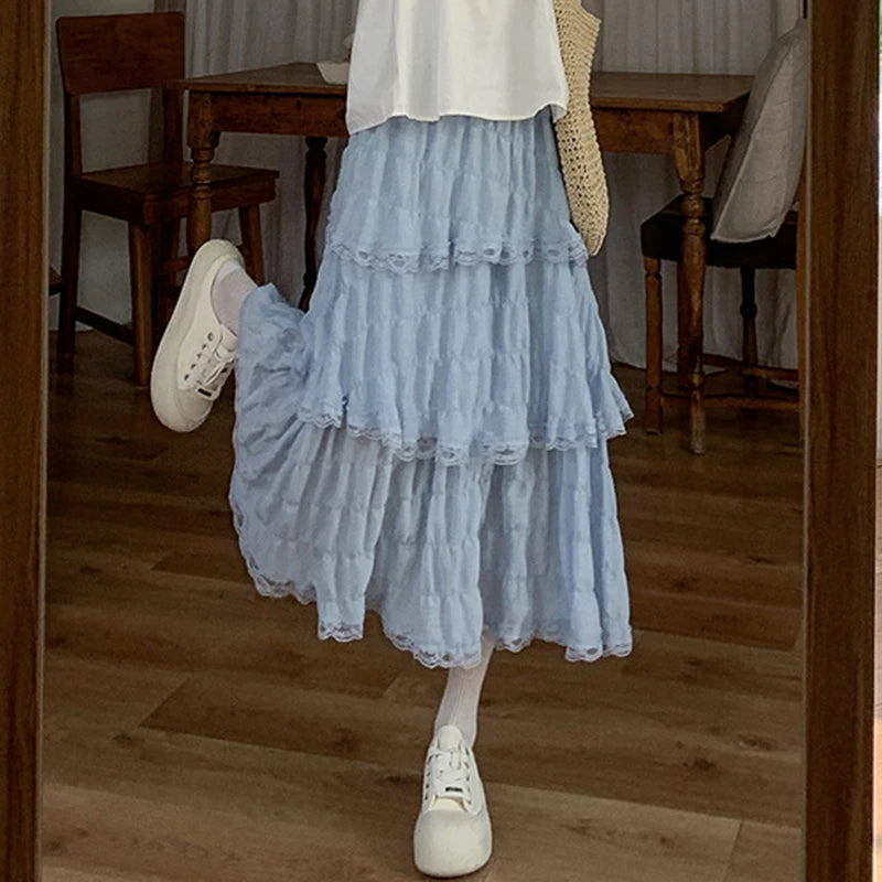 Voguable  Sweet Lace Ruffles Long Skirt Women Summer Cute Puff Cake A Line Skirt Woman Korean Style High Waist White Chiffon Tulle Skirt voguable