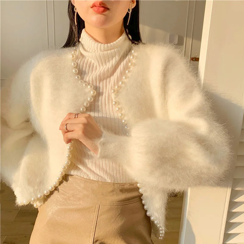 Imitation Mink Soft Women's Cardigan Temperament Pearls Detor Crew Neck Cardigan Woman Autumn Winter Long Sleeve Outwear Lady voguable
