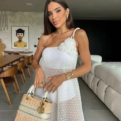 3D Floral Lace Up Backless Cover Up For Women Crochet Beach Dress High Slit White Hollowen Skirt Summer Sexy Beach Outfit voguable