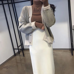 Women's Sweater Button Down V-Neck Striped Cardigan Knitted Tops Single Breasted Autumn Winter Casual Chic Knitwear Outfit voguable