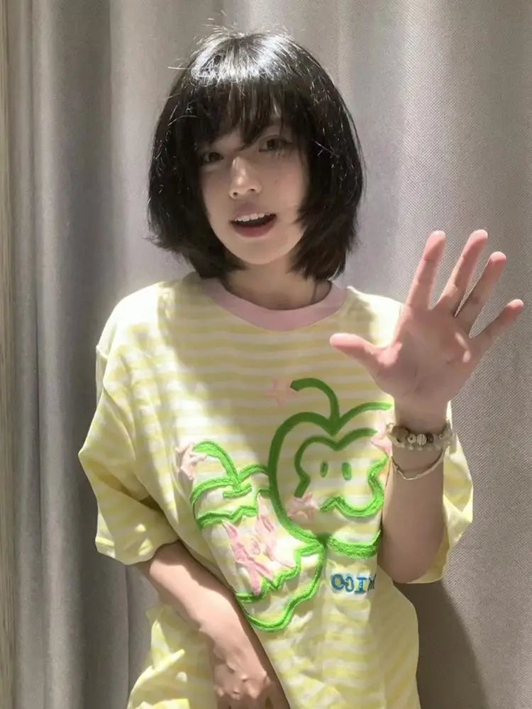 Apple Embroidery T Shirt Women Korean Style Striped Short Sleeved T-shirts Summer Y2k Clothes Gentle O Neck Tees Top voguable