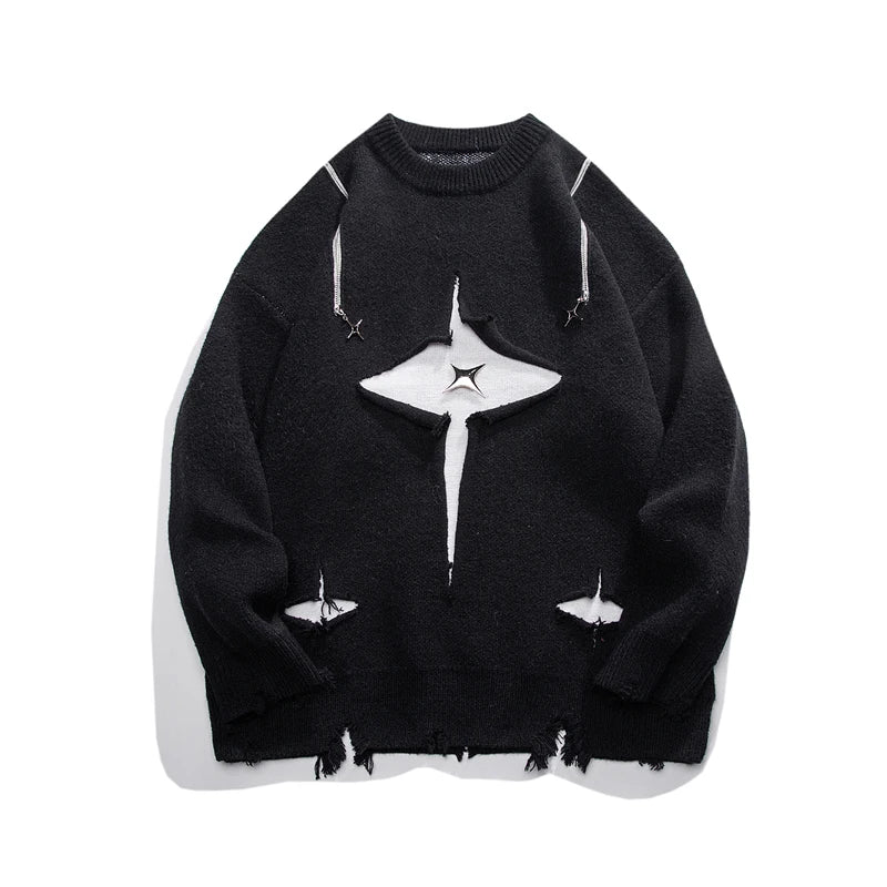 Men Sweater Streetwear New Retro Hole Fringed Loose Versatile Long Sleeve Pullover gotmes-shop