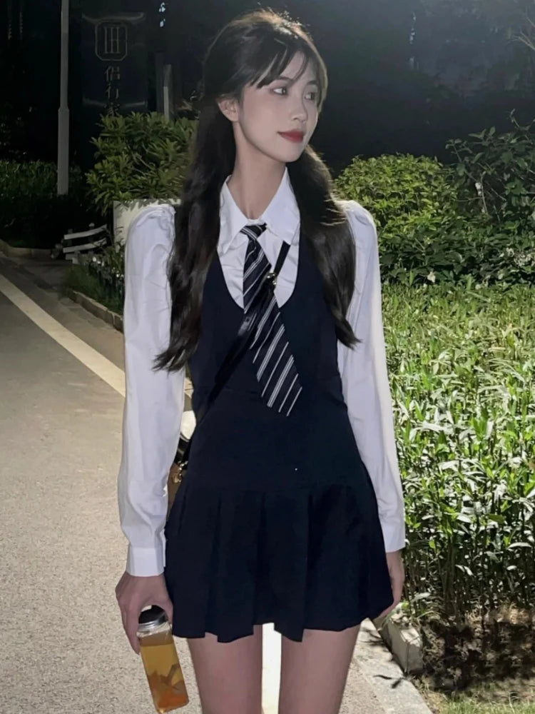 Voguable  Casual Korean Style Two-piece Dress Women 2023 Autumn White Long Sleeve Shirt Elegant High Street Sleeveless Mini Strap Dress voguable