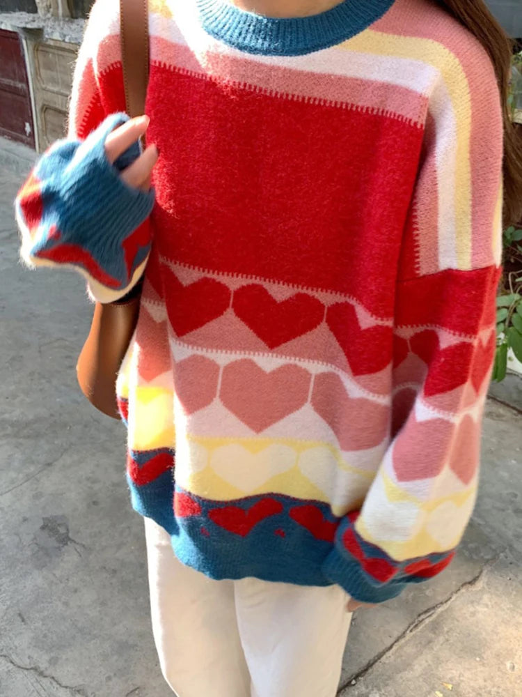 Voguable Cute Love Print Knitted Sweaters Women Fashion Patchwork Korean Sweet Tops Oversize Loose Long Sleeve Lady Casual Jumpers voguable