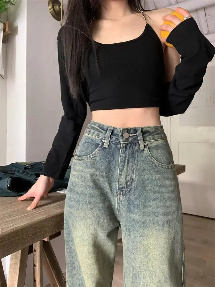 Vintage High-waisted Slimming Jeans American Style Casual Bell Bottoms Versatile Straight-leg Long Pants For Women voguable