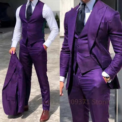 Voguable  3 Pieces Set Purple Suit Men Business Tuxedos Formal Jacket Vest Pants Single Breasted Groom Groomsman Prom Wedding Party voguable