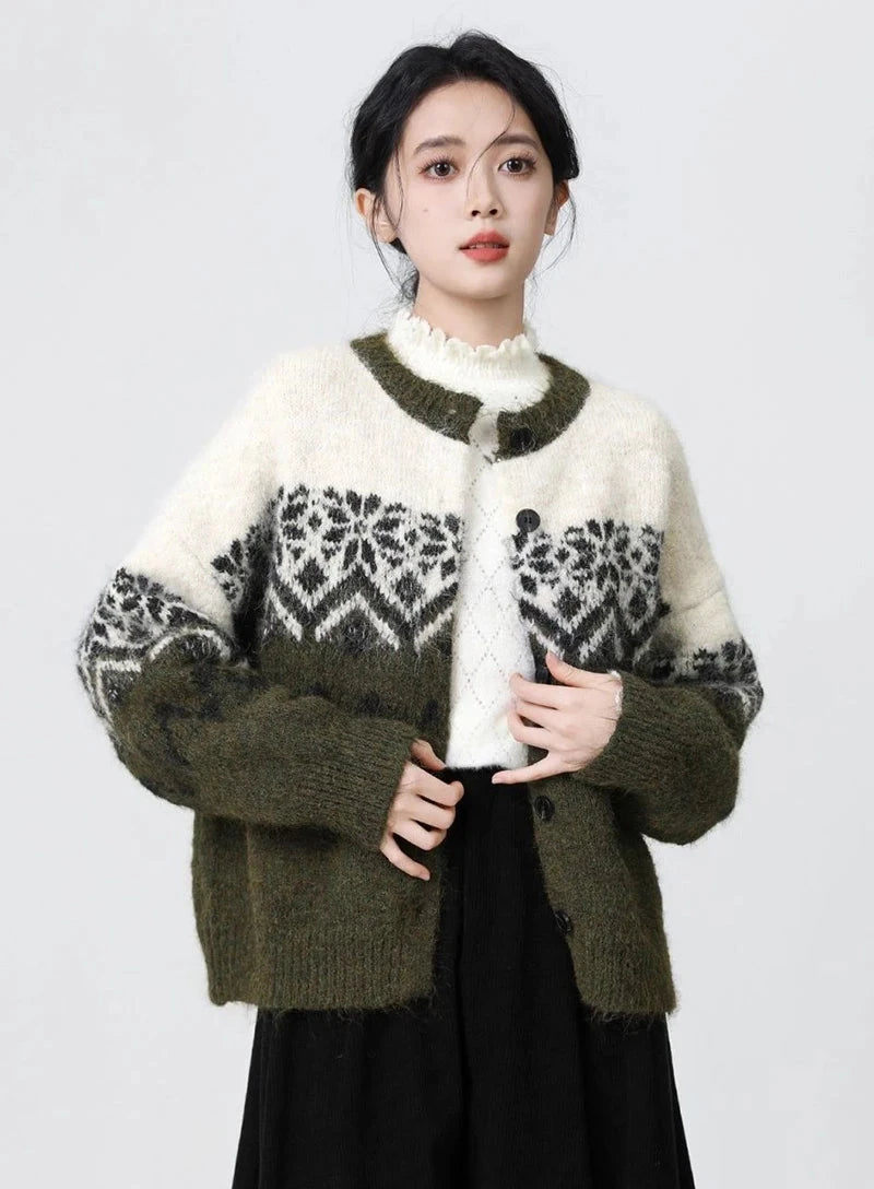 Women O Neck Retro Print Cardigan Sweaters Casual Lazy Wind Long Sleeve Knitted Short Coat Fall Winter Vintage Harajuku Lady Top voguable