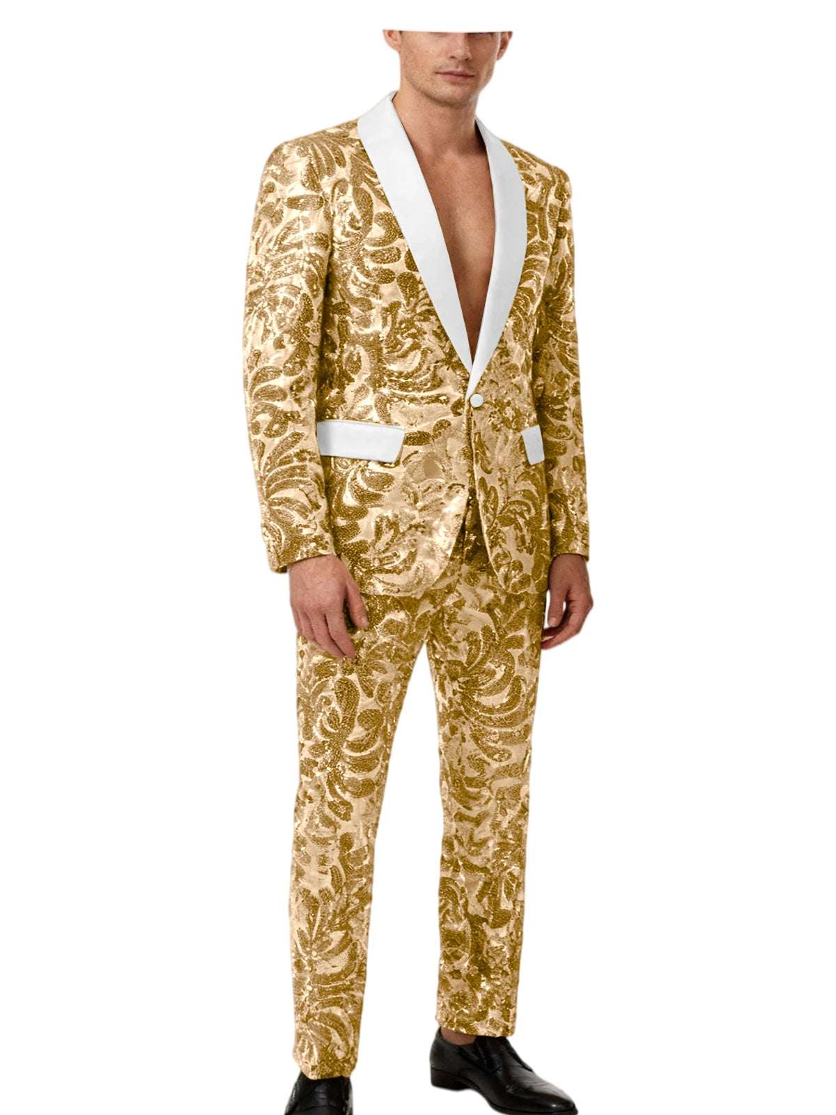 Voguable  Luxury Men's Sequin 2 Piece Set (Blazer+Pants) Shawl Collar 1 Button Slim Fit Sparkly Tuxedos Jacket Trousers for Wedding Party voguable