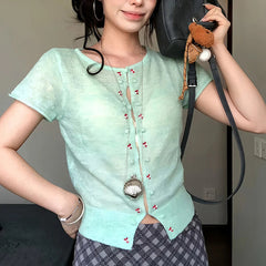 Voguable  Mint Green Sheer Knit Cardigan Women Summer Thin Breathable Short Sleeve Crop Top Woman Y2K Slim Fit Hollow Out Knitted T-Shirt voguable