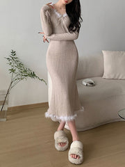 Fur Trim Knitted Slim Casual Long Dress mysite