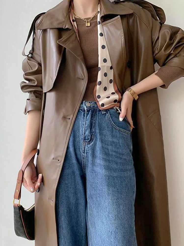 Leather Long Jacket Women Autumn Winter Oversize Lapel Long Sleeve Street Female Coat Belt Double Breasted Loose PU Coats