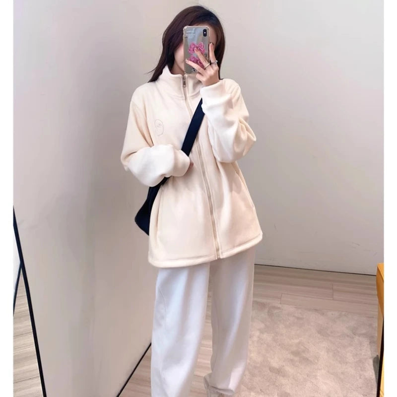 Women Zip Hoodie Thicken Fuzzy Fleece Sweatshirts Lamb Wool Zipper Thickened Oversize White Stand Collar Coats Soft Outerwear voguable