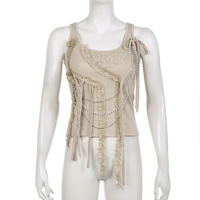 Voguable  Fairycore Lace Ruffle Pearl Chain Decorate Crop Top Coquette Sleeveless Tops Grunge 2000S Y2K Camis Cute Tank Tops Sexy voguable
