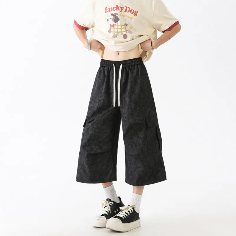 Summer Casual Pants Men Fashion Retro Black Cargo Pants Men Streetwear Hip-hop Loose Tie Dye Pants Man Cropped Trousers voguable