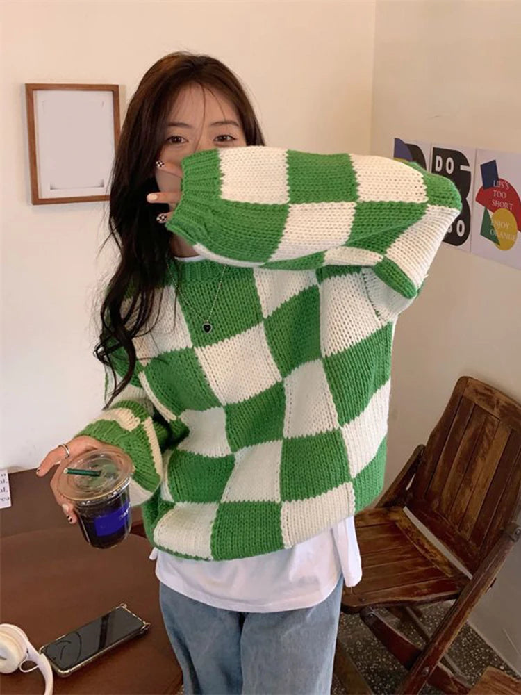 Voguable  Japan Vintage Women Plaid Sweater Oversize Loose Lazy Wind Knitted Pullover Preppy Style Casual Harajuku Fall Winter Top voguable