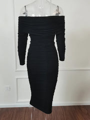 Voguable  Women's Long Sleeve Off-Shoulder Sexy Dress Solid Color Pleated Midi Slim Dress for Cocktail Party and Evening Wear voguable