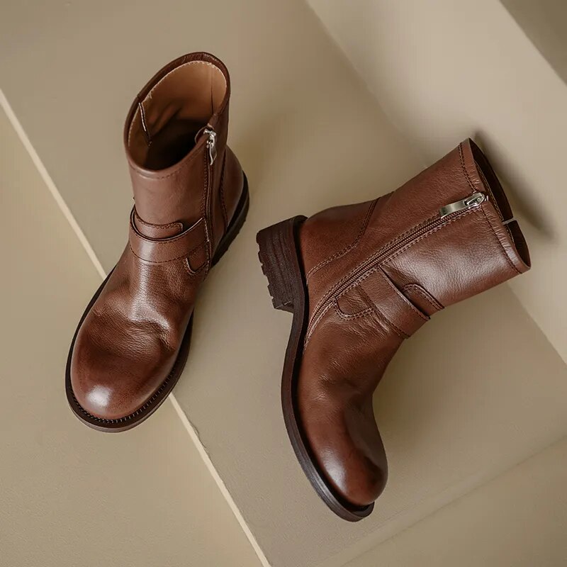 Women Boots Genuine Leather Ankle Boots Autumn Winter Round Toe Side Zipper Office Lady Working Shoes Woman Concise Basic voguable