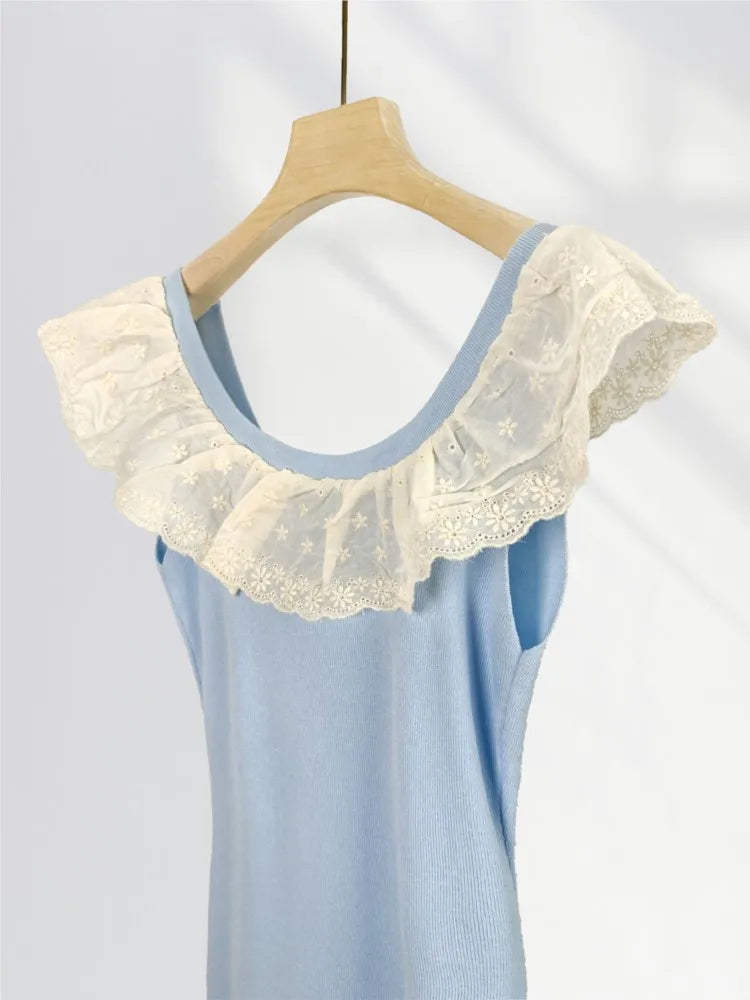Peter Pan Collar Ruffle Knit Long Dress 2025 Blue Embroidery Patchwork Sweet Chic Tank's Dress Sleeveless Slim Summer Dresses voguable