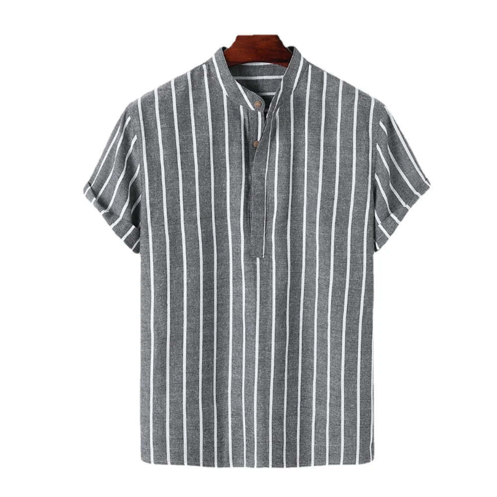 Voguable Summer Spring Men Casual Striped Blouse Shirts Male Turn Down Collar Short Sleeve Button Loose Sand Beach Tops M-3XL voguable