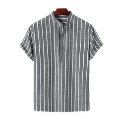 Voguable Summer Spring Men Casual Striped Blouse Shirts Male Turn Down Collar Short Sleeve Button Loose Sand Beach Tops M-3XL voguable