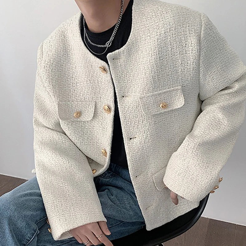 Korean Style Fashionable Tweed Round Neck Jacket Men Japanese Trendy High-end Single-breasted Short Jacket with Temperament voguable