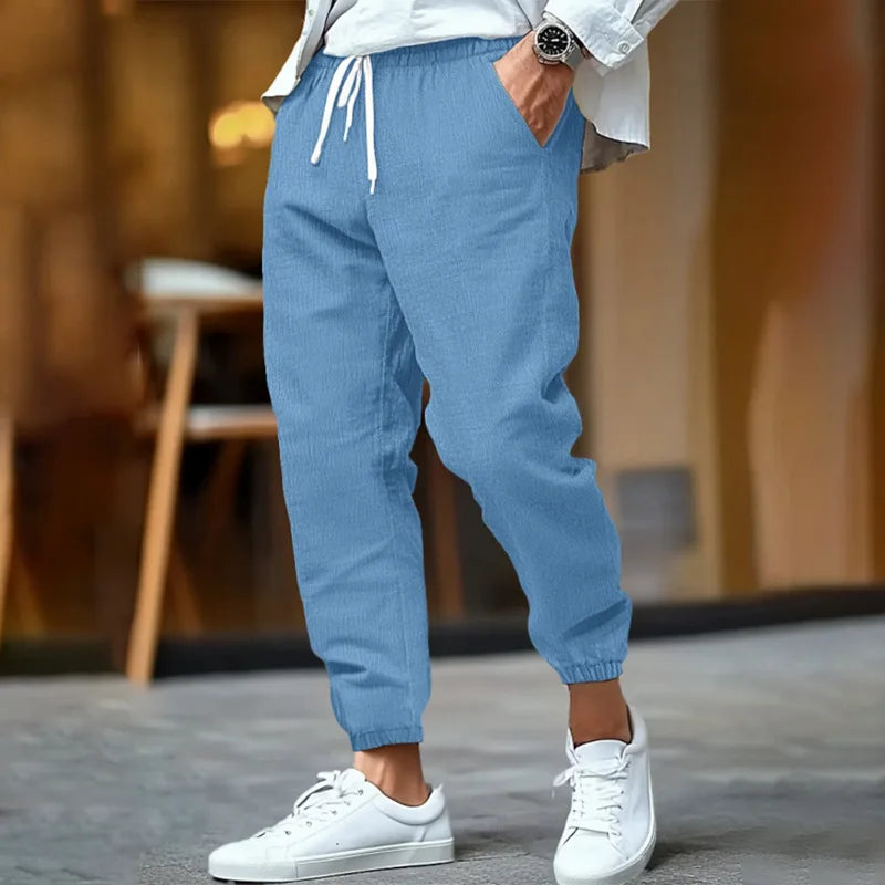 Voguable  Men's Cotton Linen Jogger Pants Spring Summer Elastic Waist Straight Fit Mid Rise Solid Color Breathable Tapered Trousers voguable