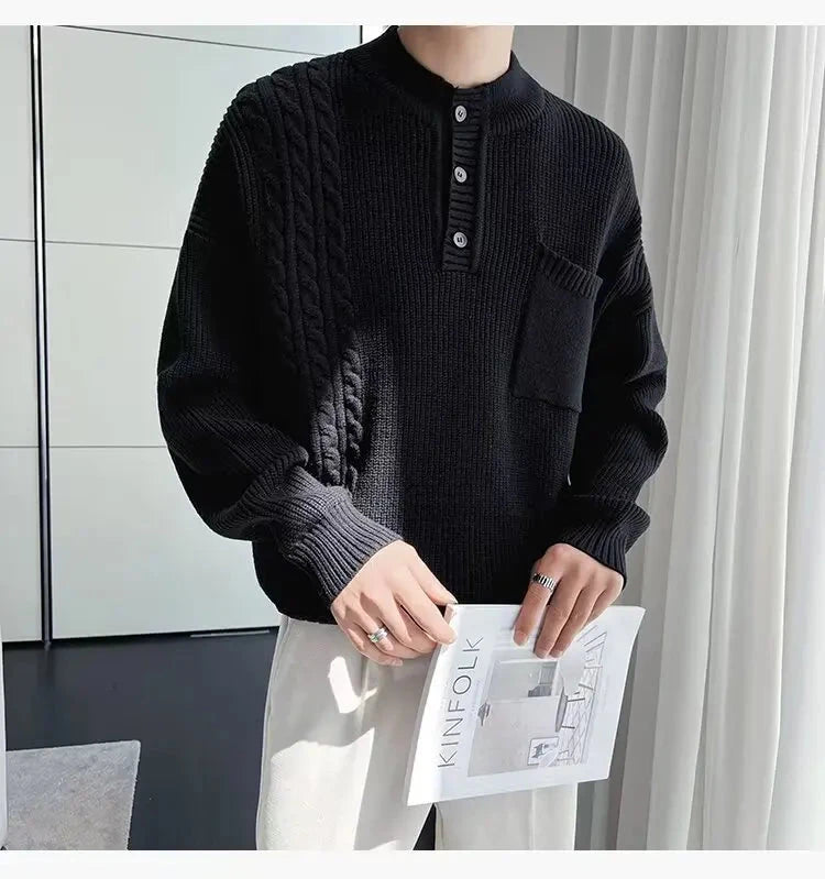 Korean Popular Men's Henry Collar Sweater Light Luxury Knit Long Sleeve Button Pullover Trending Jacquarded Solid Color Knitwear voguable