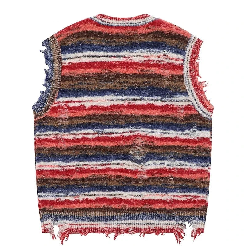 Autumn Men Sleeveless Knitted Jumper Sweaters Hip Hop Ripped Striped Knitwear Vests Streetwear Harajuku Fashion Casual Pullovers voguable