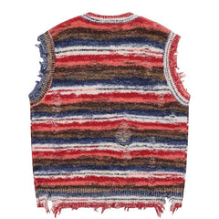 Autumn Men Sleeveless Knitted Jumper Sweaters Hip Hop Ripped Striped Knitwear Vests Streetwear Harajuku Fashion Casual Pullovers voguable