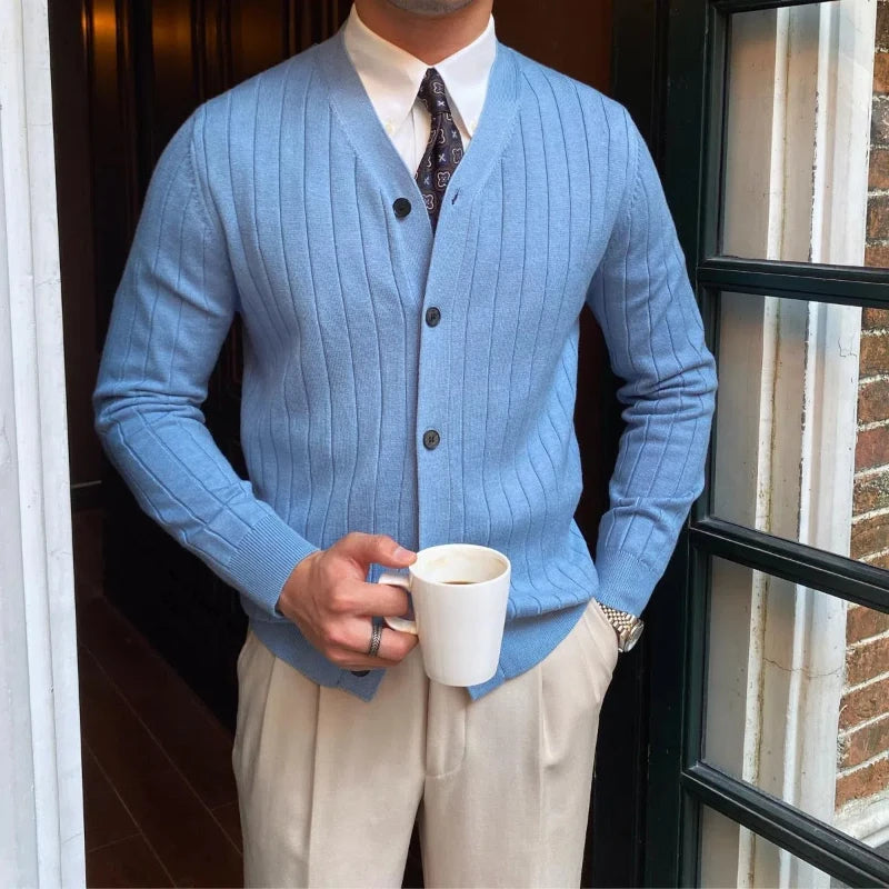 Japan Style Trend Autumn Cardigan Sweaters Men Clothing V-Neck Solid Button Business Casual Office Long Sleeve Slim Knitted Tops voguable