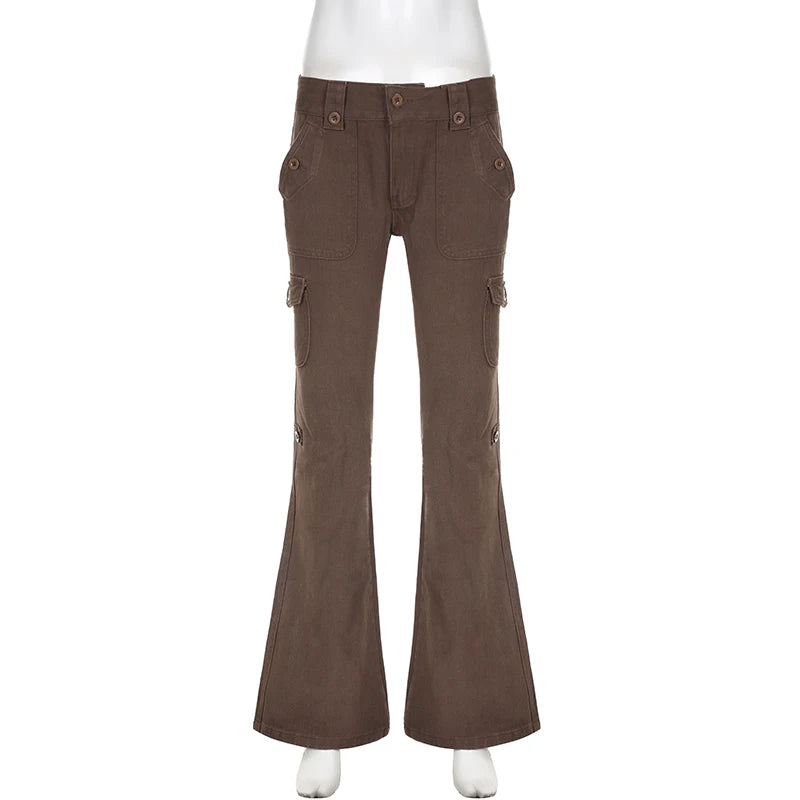 Voguable  Casual Basics Flare Jeans Brown Black All-match Street Style Boot Cut Denim Pants High Waist Vintage Trousers Women Y2K voguable