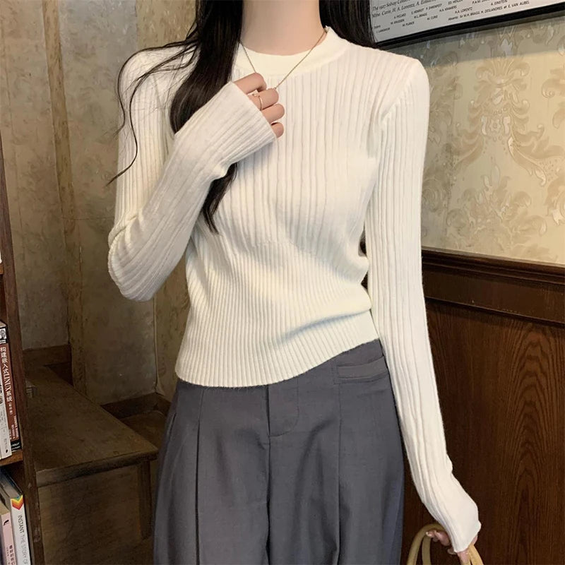 O Neck Knitted Sweater Women Korean Slim Long Sleeve Casual Crop Pullover Autumn Solid Simple All Match Sweater Female New voguable