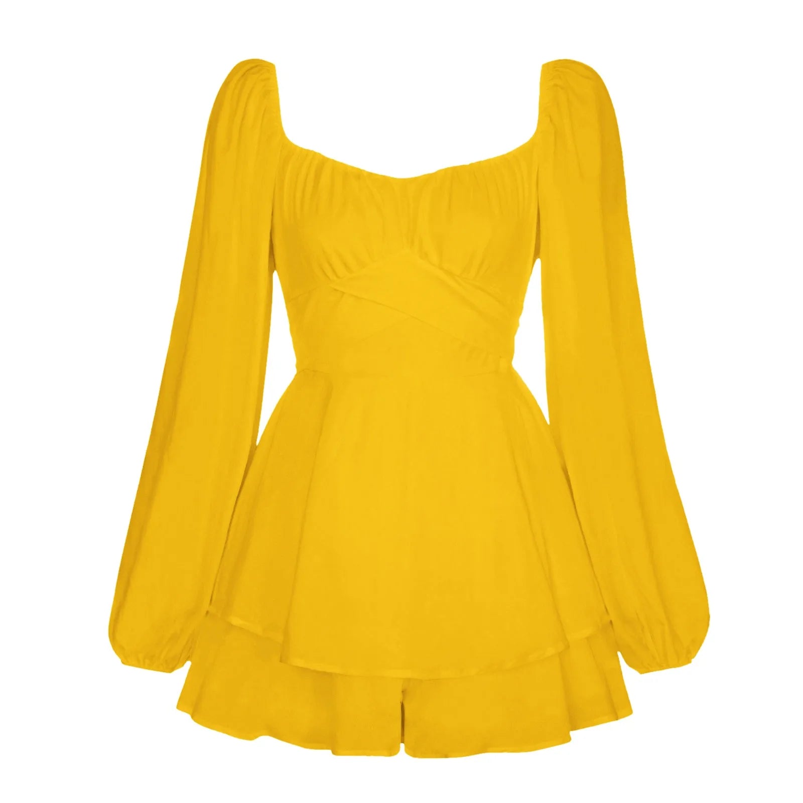 Women's Autumn Ruffled Dresses White Mini Dresses Square Neck Lantern Sleeve Long Sleeve Flounced Edge Casual Dress Female