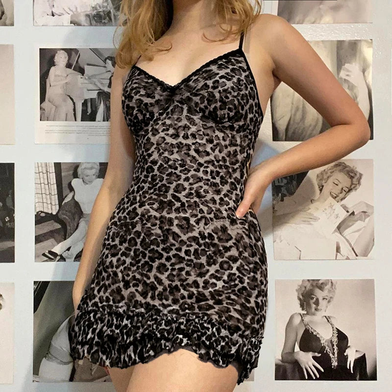 Voguable Vintage Leopard Print Spaghetti Strap Dress Women Fairycore Grunge Lace Stitching V-neck A-line Mini Dresses Party Y2K voguable