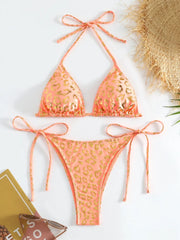 Voguable Sexy Orange Leopard Print Bikini Set 2024 Women Halter Push Up Bra Tie Side Thong Swimsuit Summer Backless Bathing Suit Swimwear voguable