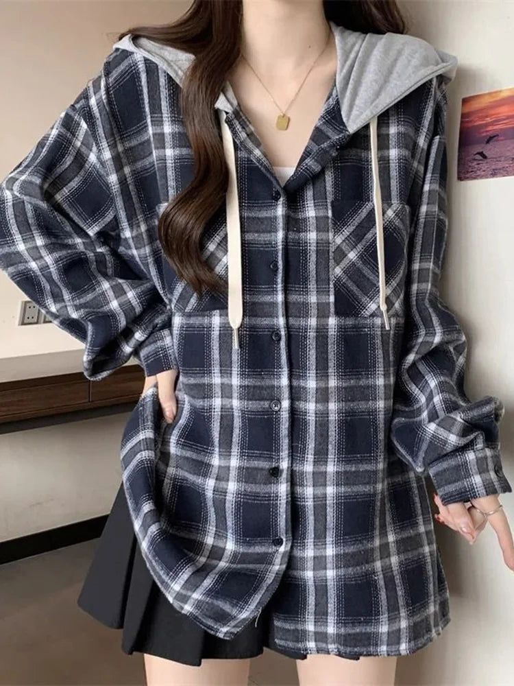 Vintage Plaid Hooded Shirt Women Oversize Long Sleeve Y2K Blouse American Casual Harajuku Female Vintage Spring Tops New voguable