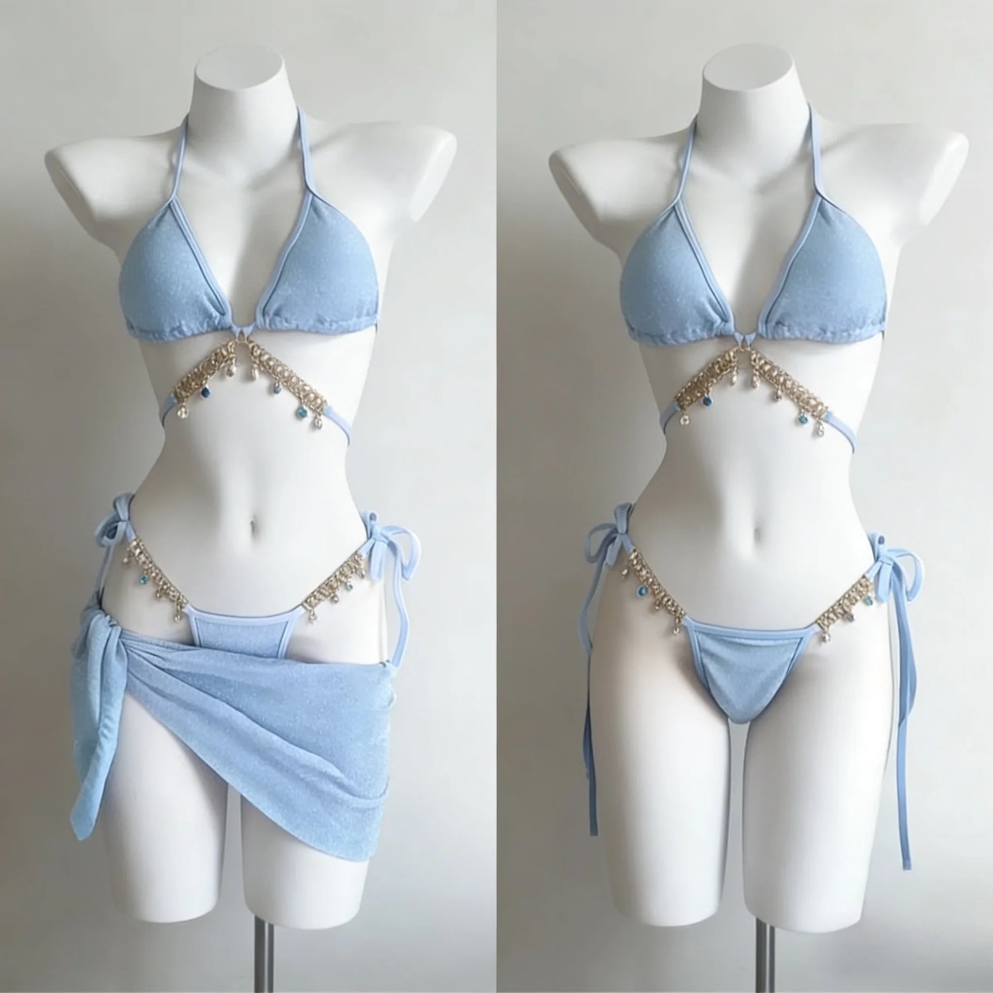 Voguable  Y2k Sexy Women 3 Piece Bikini Set Halter Neck Removable Straps Elegant Beach Outfit Summer Vacation Swimwear Fashion New voguable